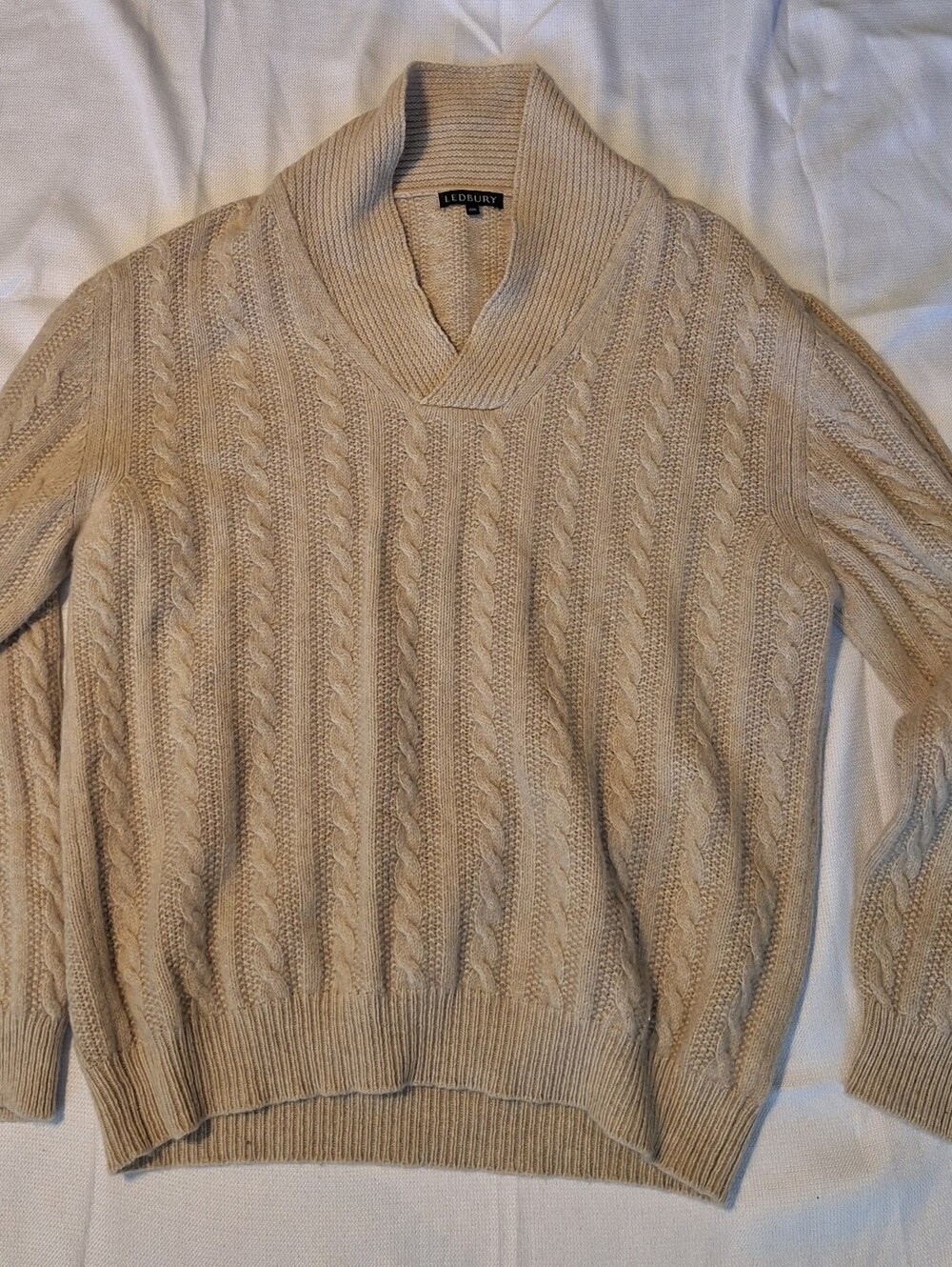 Ledbury Men's 2XL Beige Cable Knit 100% Superfine Wool Sweater made in Italy